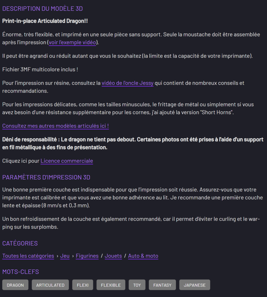 Description du modèle 3D de Dragon Articulé à imprimer en 3D vendu sur Cults3D avec plus de 50 000 téléchargements