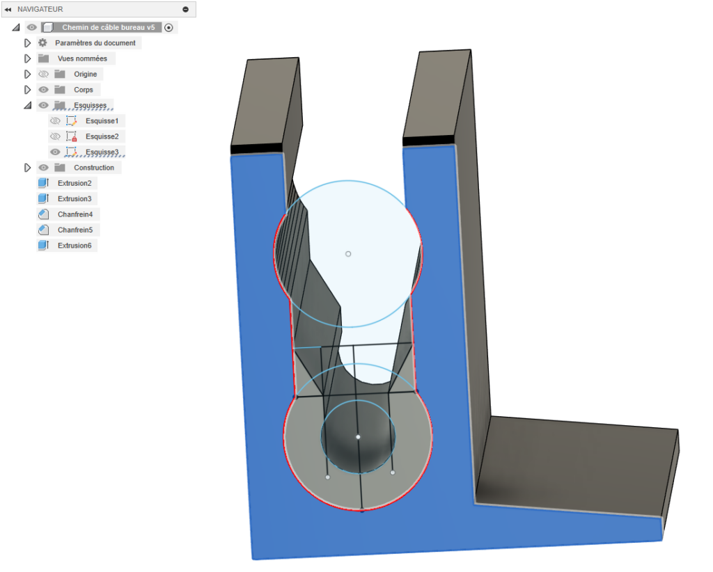 La pièce a été dessinée en 2D avec une esquisse avant d'être extrudée en 3D sur Autodesk Fusion