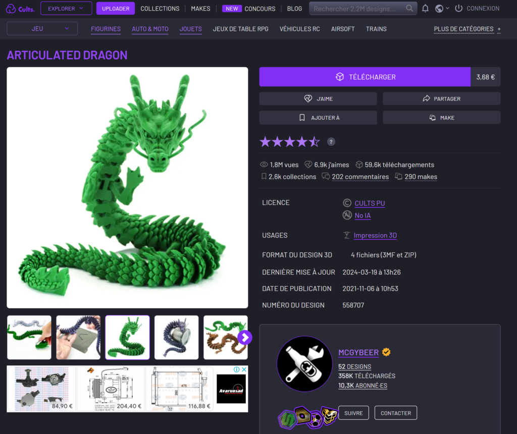 Modèle 3D de Dragon Articulé à imprimer en FDM vendu sur Cults3D avec plus de 50 000 téléchargements